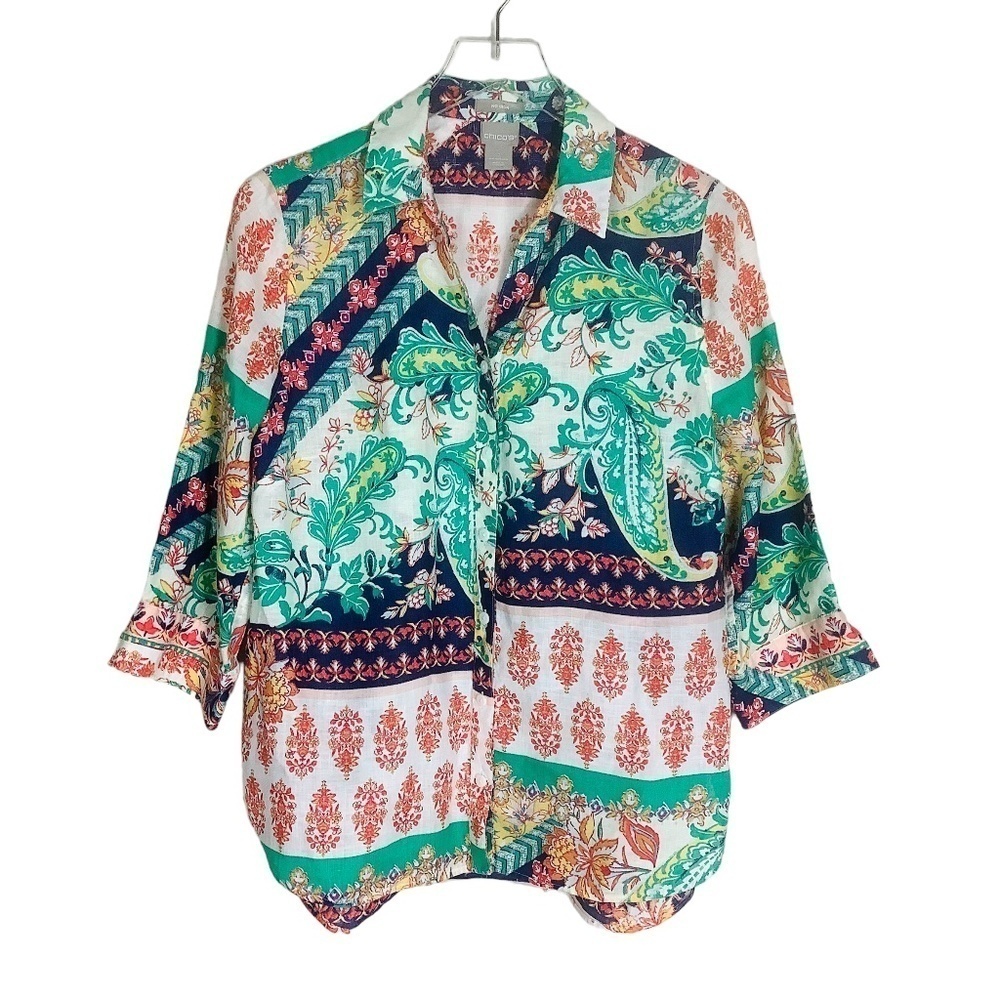 Chico's‎ No Iron Linen Paisley Shirt 3/4 Sleeves - Picture 15 of 16